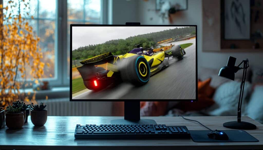 A yellow Formula 1 car racing on a wet track in F1 25, displayed on a gaming monitor in a cozy home setup