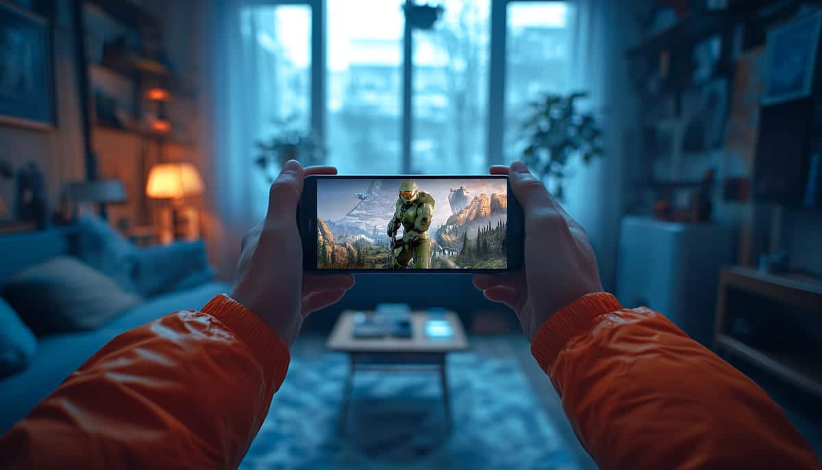 A person in an orange jacket holds a smartphone displaying a scene from a Halo Infinite featuring Master Chief in armor.