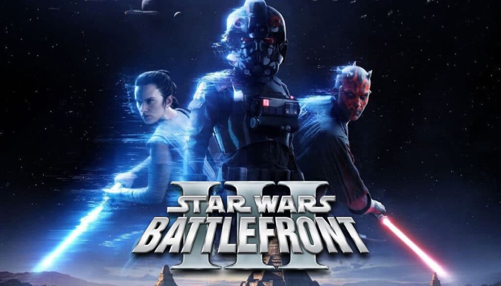 Star Wars Battlefront 3 image with Rey, a TIE pilot, and Darth Maul holding lightsabers
