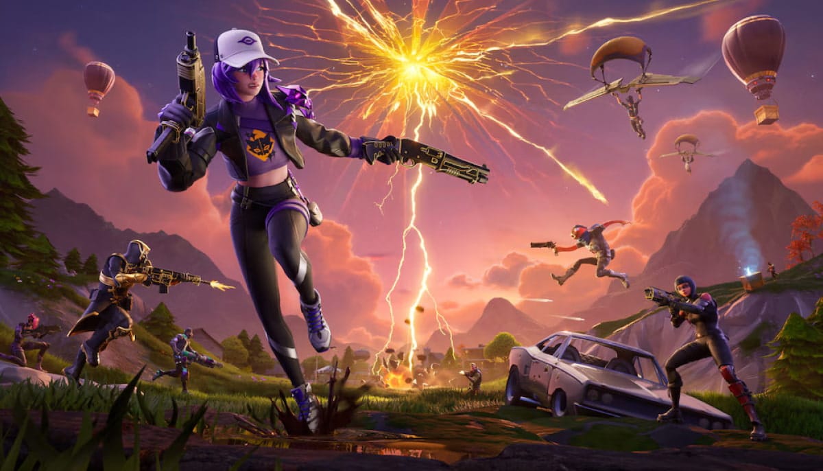 Fortnite action scene with multiple characters mid-battle under a dramatic sky with lightning and supply drops