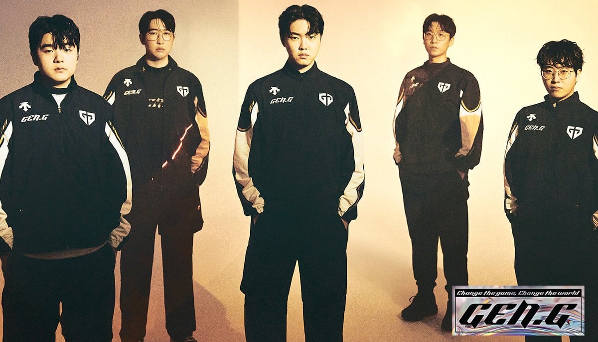 A group of five esports players of Gen G stands confidently in matching black jackets, posed against a warm, softly lit background.
