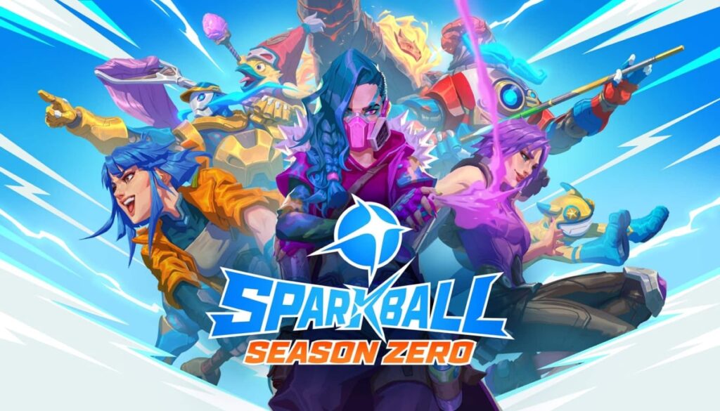 Colorful promotional artwork for Sparkball: Season Zero featuring a lineup of stylized playable characters in dynamic poses against a bright blue background