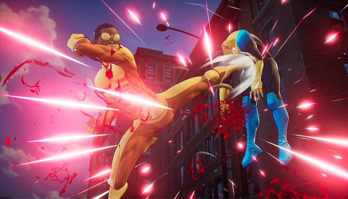Bulletproof delivers a powerful mid-air kick to Invincible, with blood and dramatic visual effects, in a scene from Invincible VS