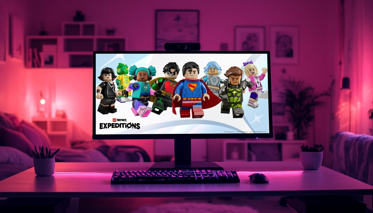 Various LEGO Fortnite figurines display unique outfits and accessories, including superheroes and vibrant character