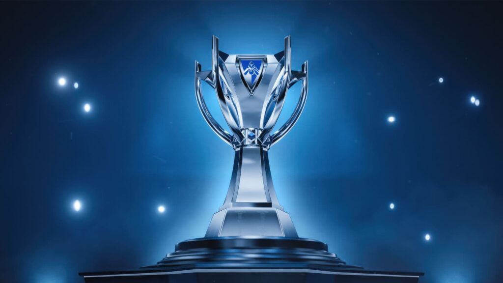 Close-up of the League of Legends World Championship trophy displayed on a pedestal