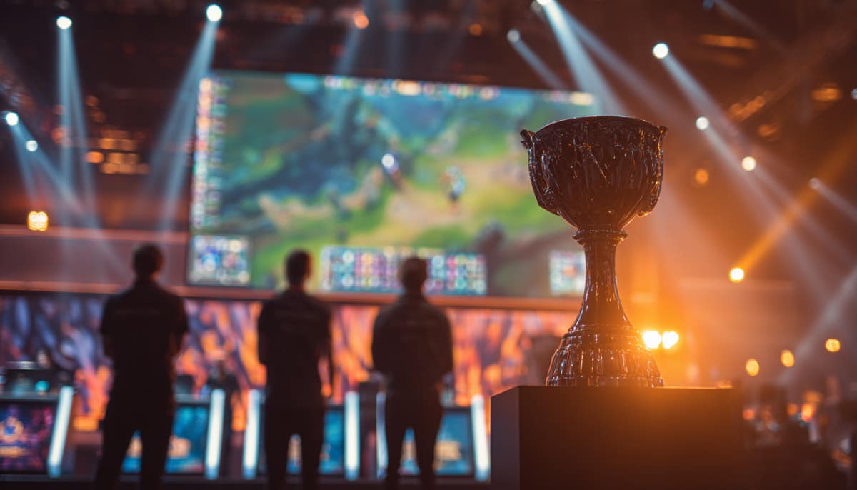 Esports trophy on stage in front of a large screen displaying League of Legends gameplay, with blurred silhouettes of pro players in the background