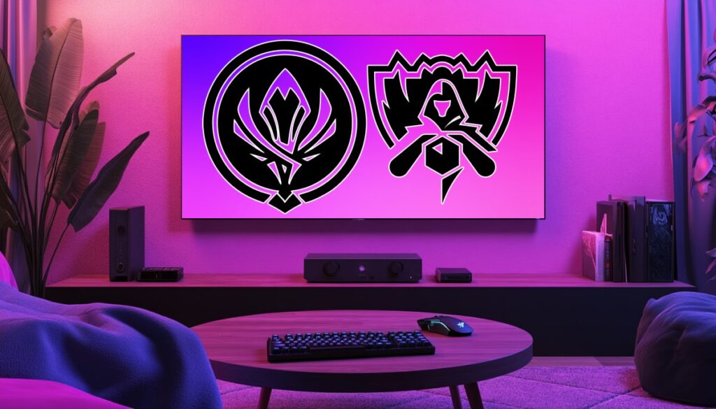 Living room setup with a large screen displaying the logos of League of Legends MSI and Worlds tournaments