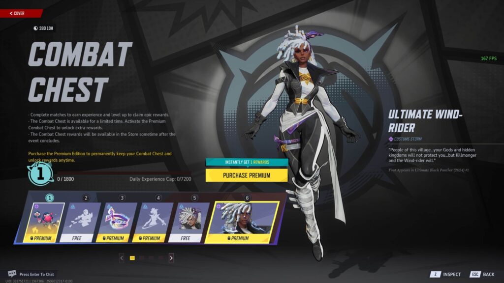 Marvel Rivals Combat Chest screen showcasing the Ultimate Wind-Rider Storm costume and premium rewards.