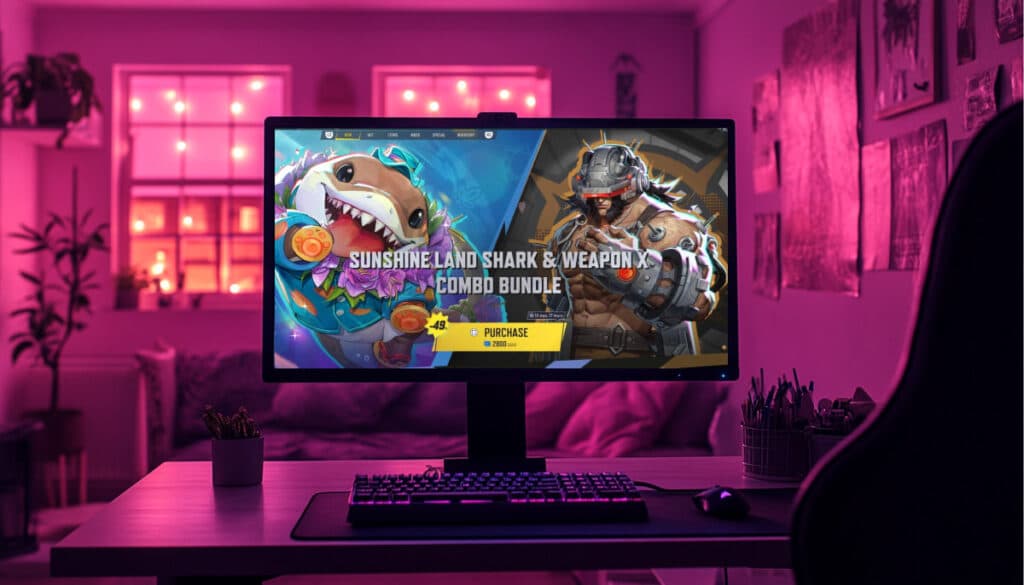 Marvel Rivals Sunshine Land Shark and Weapon X bundle displayed on a monitor in a pink-lit gaming room
