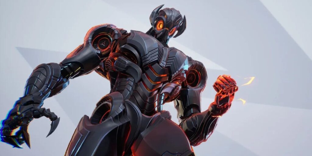 A powerful robotic figure with sleek black armor and glowing orange accents, posed dramatically against a light geometric background.