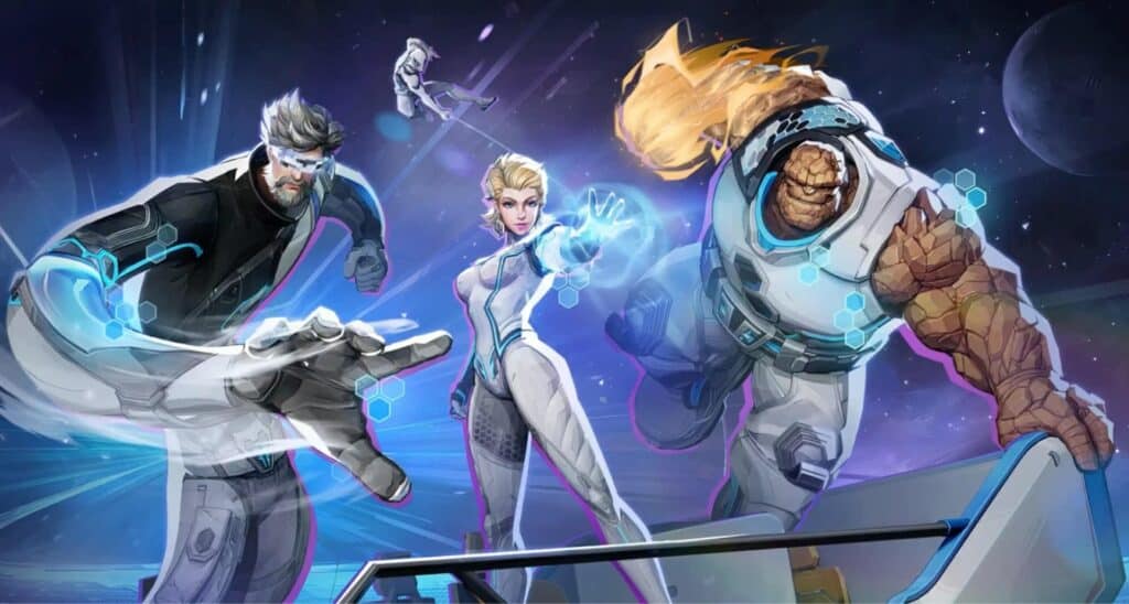 Mr. Fantastic, Invisible Woman, The Thing, and Spider-Man in their white-and-blue Future Foundation skins from Marvel Rivals, posed in a cosmic-themed action scene.
