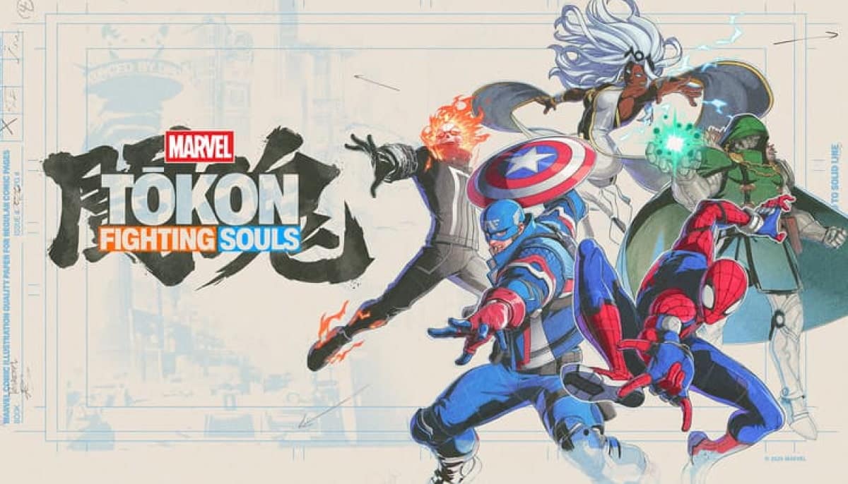 The image features Marvel characters Captain America, Spider-Man, Ghost Rider, and others in an action-packed pose with the title "Tōkon Fighting Souls"