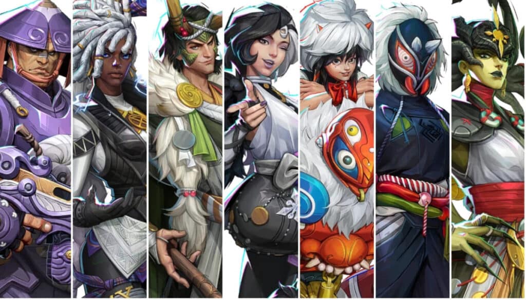 A lineup of Marvel Rivals characters in vibrant costumes, showcasing a blend of traditional and fantasy elements with intricate designs.