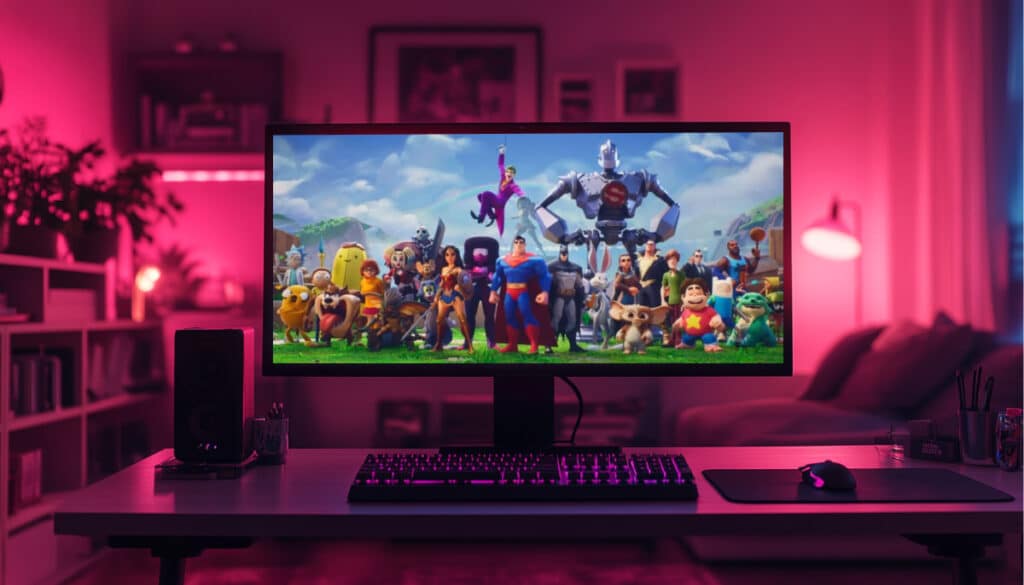 Monitor in a pink-lit room showing the full MultiVersus character lineup with Warner Bros heroes like Superman and Rick and Morty