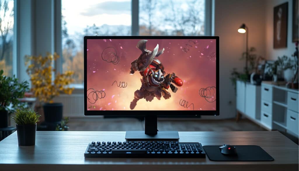Computer monitor on a desk displaying Clockwerk from Dota 2’s 7.39 patch, symbolizing the Spring Forward update