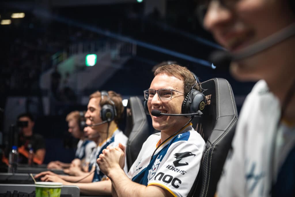 Image of Perkz wearing a G2 Esports jersey while competing on stage at the 2019 Mid-Season Invitational
