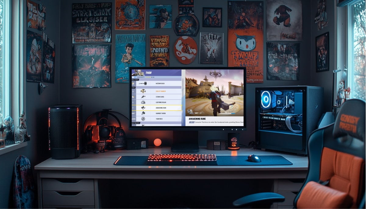 Gaming monitor showing Thor’s abilities, with “Awakening Rune” selected, granting bonus health and empowering Mjölnir Bash attack in Marvel Rivals