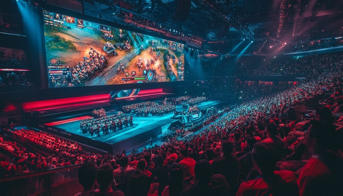 Illustration of a full arena during a League of Legends esports tournament, with multiple teams competing and gameplay shown on a giant screen