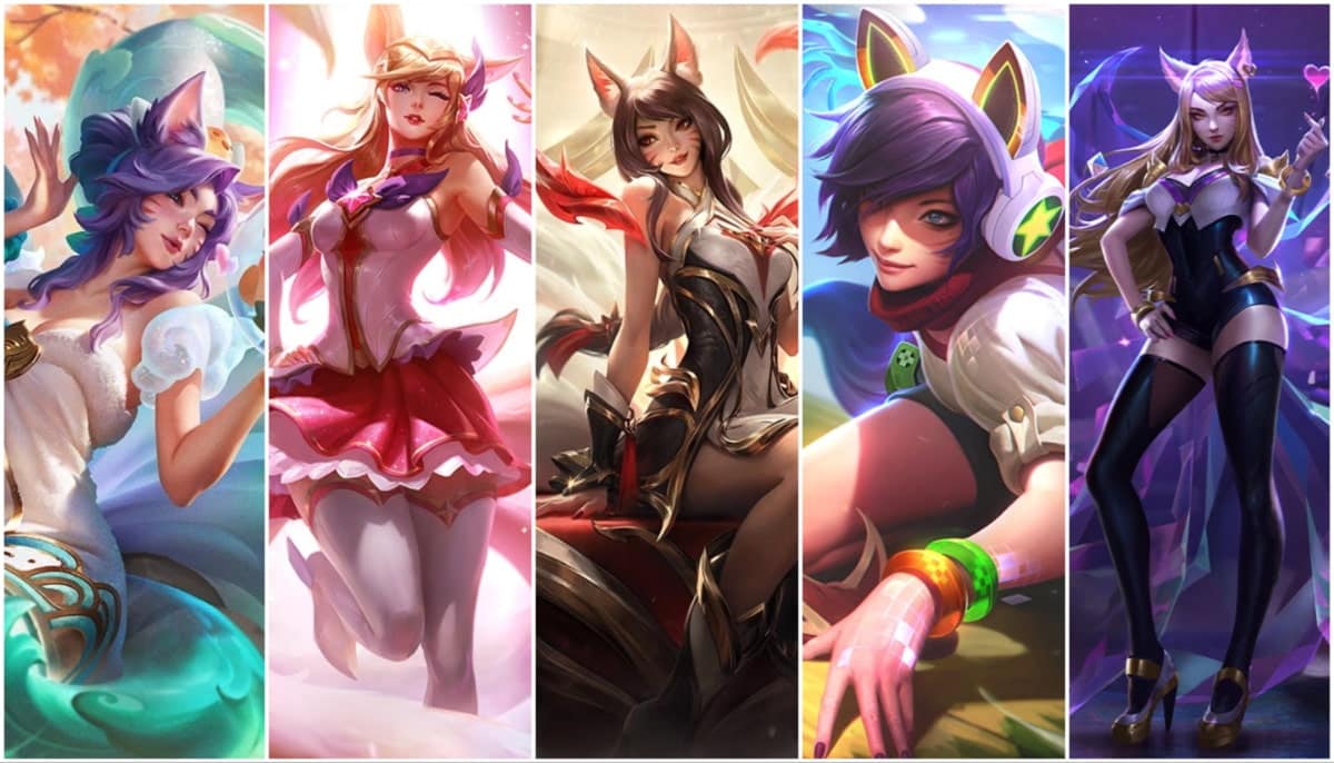 A mixed collage featuring Ahri skins in LoL