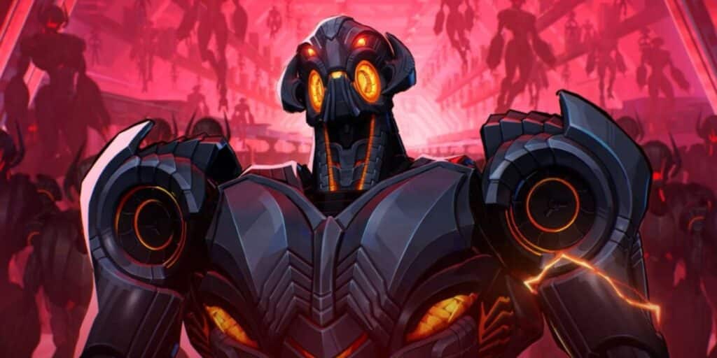 A menacing black and orange Ultron with glowing eyes stands in a vibrant pink setting, surrounded by shadowy, dark figures.