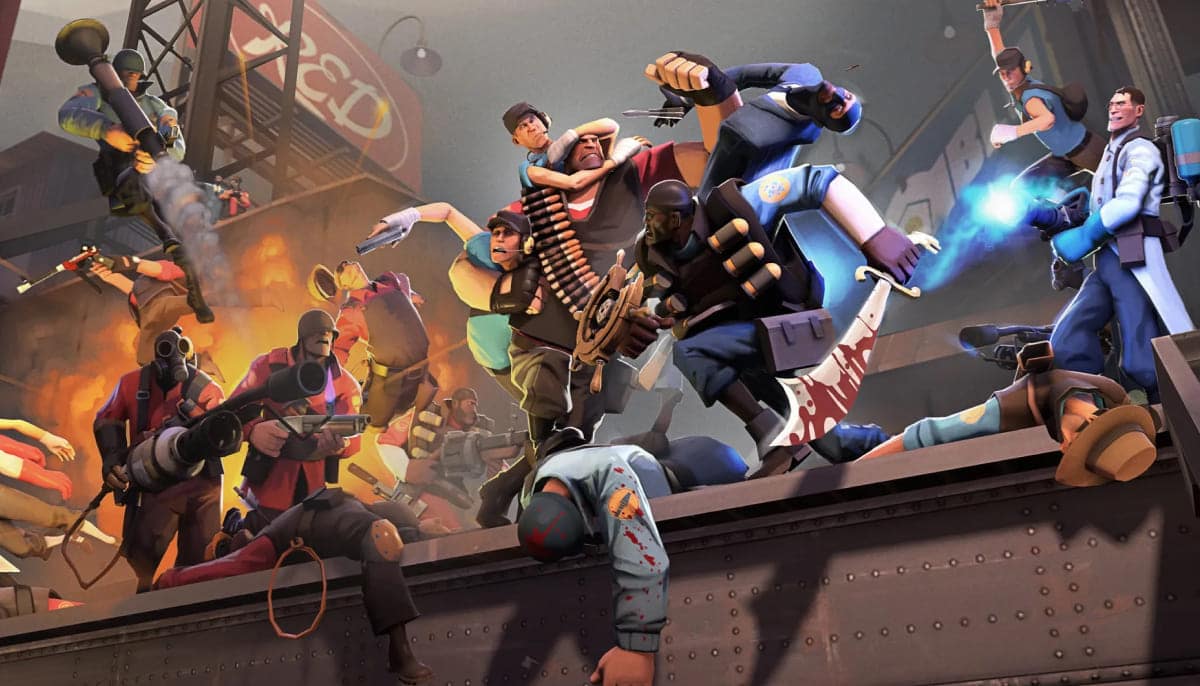 A chaotic scene featuring characters of Team Fortress 2 in combat, armed with various weapons, amidst explosions and dynamic action.