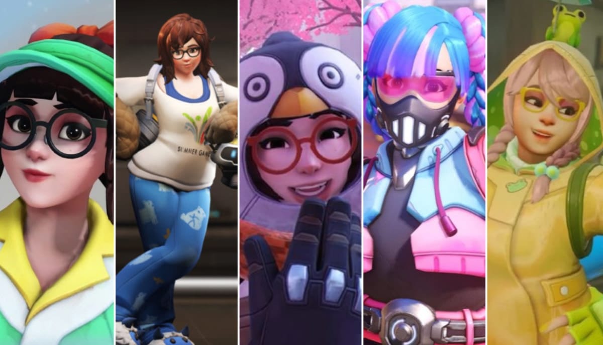 The image features various skins for Mei-Ling Zhou, a character from the game Overwatch. All these skins are associated with different in-game events and themes