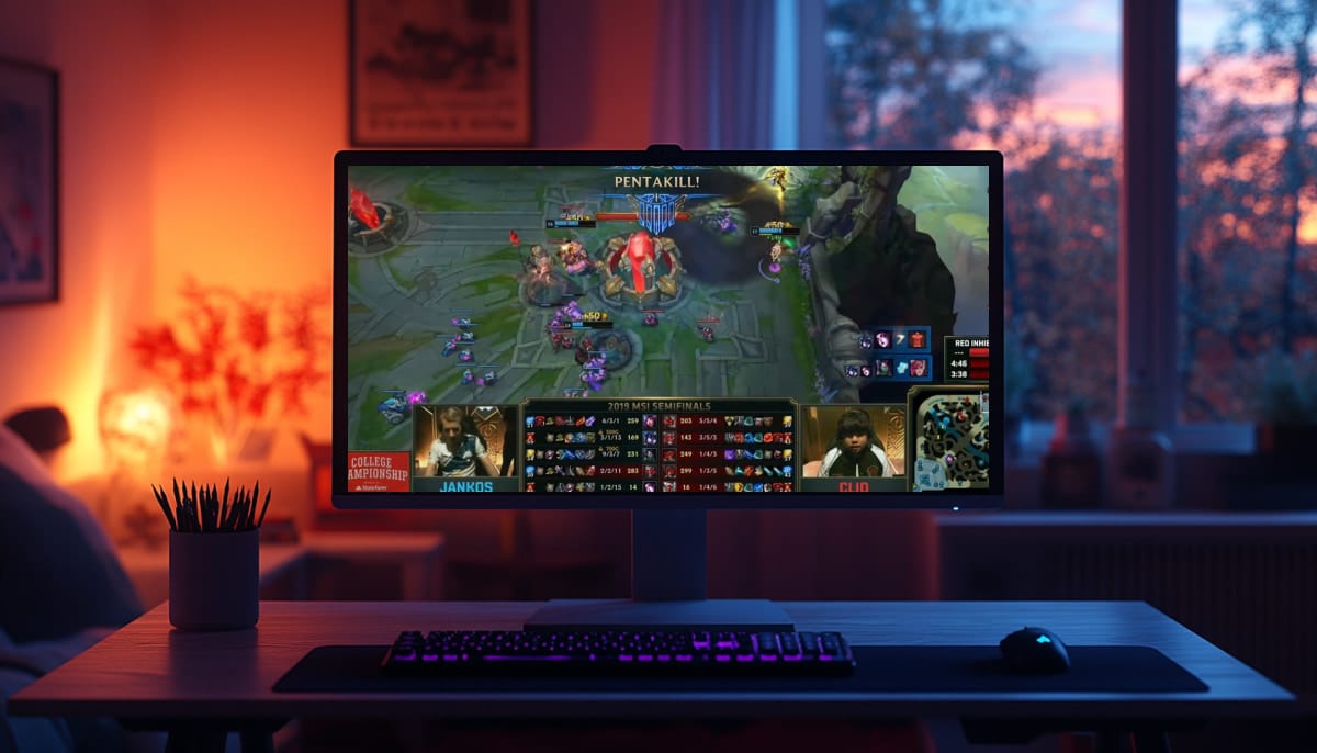 A gaming monitor displays a League of Legends match with dramatic visuals, surrounded by a cozy room ambiance.