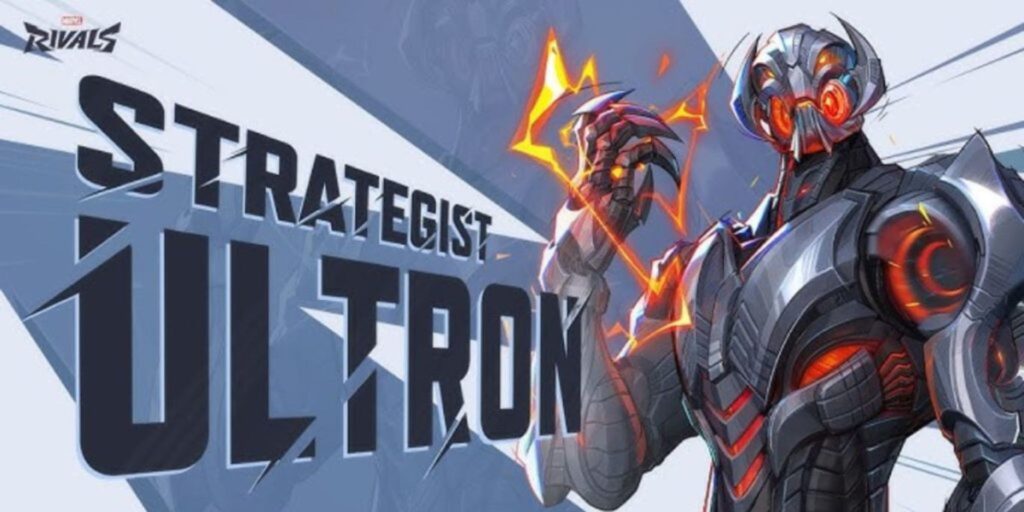 Illustration of Ultron, a sleek robotic character with glowing red eyes and electric energy, featuring the text "Strategist Ultron."