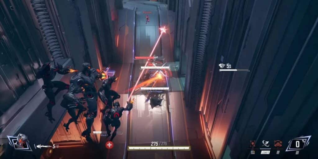 A top-down view of characters in a futuristic battle, with lasers firing and health bars displayed in a vibrant, sci-fi environment.