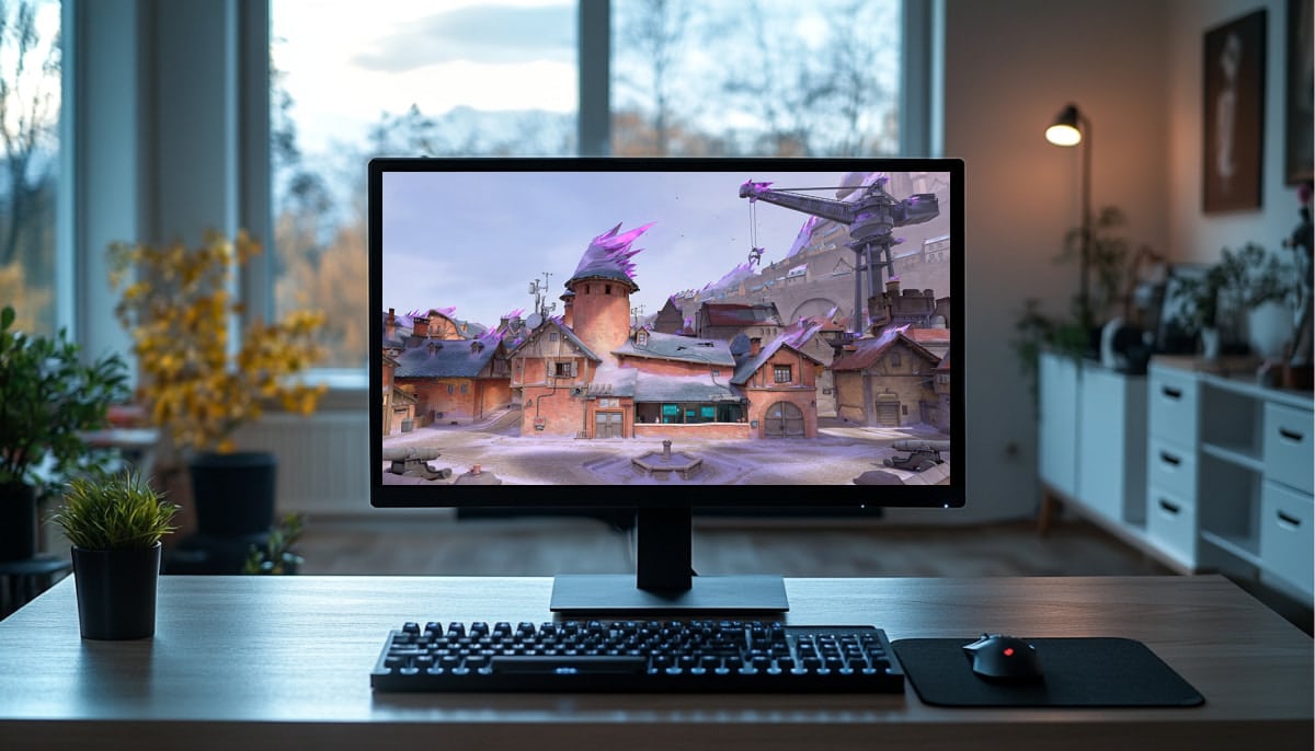 A computer monitor displays a colorful, stylized village scene with unique architecture, surrounded by windows and indoor plants in VALORANT map