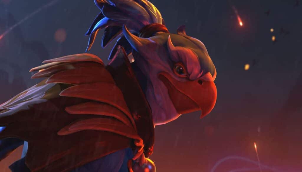 A colorful, anthropomorphic bird warrior called Kez with striking red and blue feathers gazes confidently, set against a dramatic twilight background.