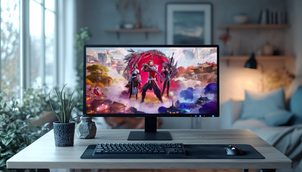 Fortnite gameplay featuring melee-focused characters displayed on a monitor in a cozy gaming setup.
