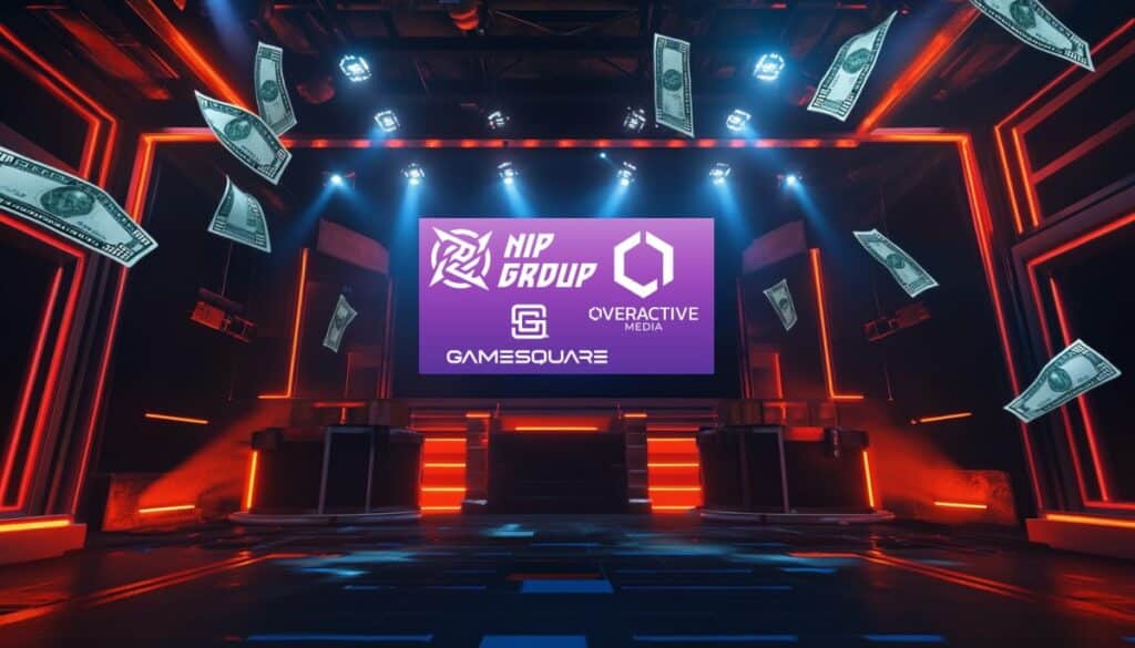 Esports stage with a screen showing NIP Group, OverActive Media, and GameSquare logos, money floating around, symbolizing esports investments.