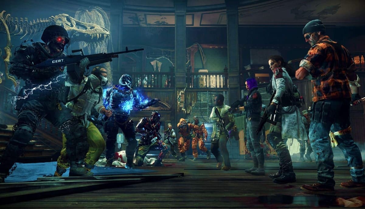 A dynamic scene featuring a diverse group of characters of Call of Duty armed and ready for action in a dimly lit room with dinosaur skeletons.