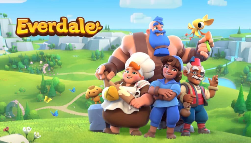 Everdale promotional image with smiling cartoon villagers standing in a lush, green landscape, including a giant blue-bearded character, a baker, and a scientist, surrounded by nature and animals.