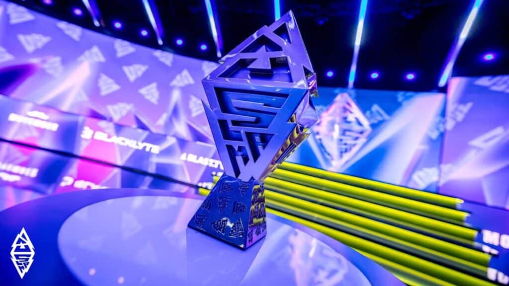 Image of BLAST Slam trophy on a table with the BLAST Slam stage in the background