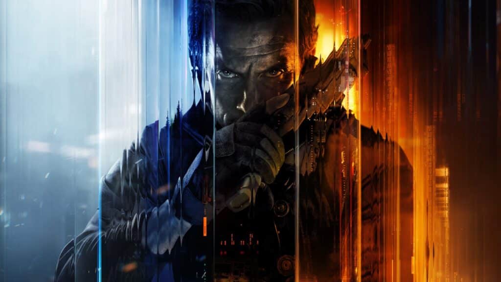 Image of David Mason from Call of Duty: Black Ops 7 holding a rifle near his face. His is image is distorted by a multicoloured filter.