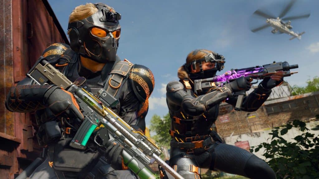 Image of Call of Duty players posing with weapons. A helicopter is flying in the blue sky in the background