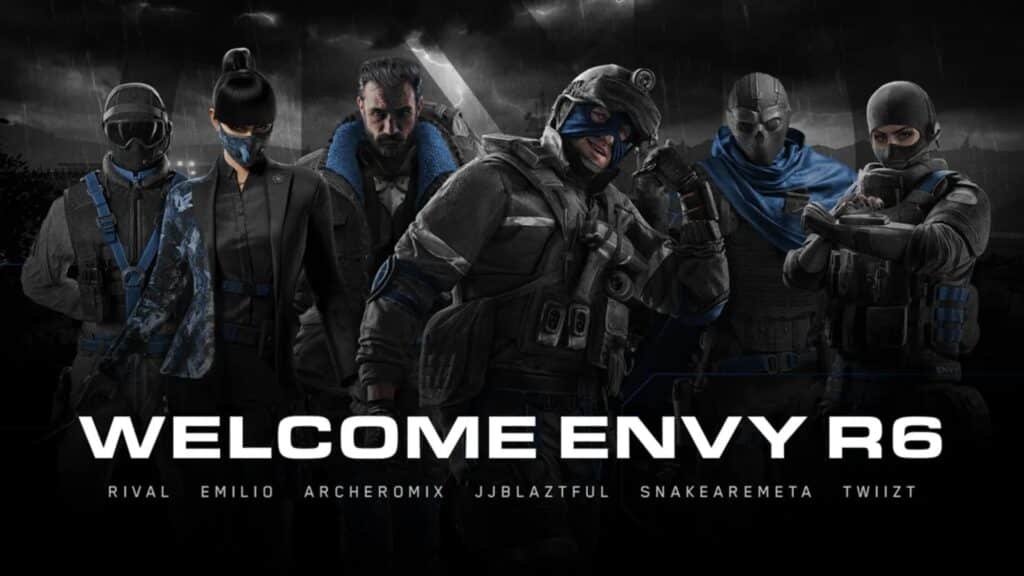 Image of Rainbow Six operators wearing black and blue outfits. White text of Envy players is at the bottom of the image