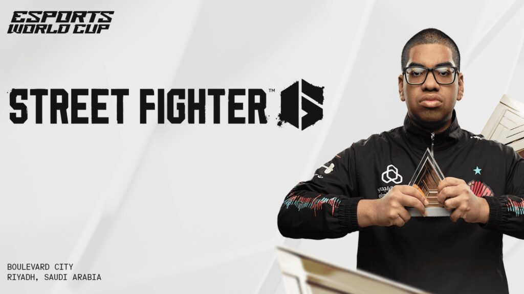Image of Esports World Cup and Street Fighter logos on a white background. A Twisted Minds player holding a triangular trophy is on the right-hand side