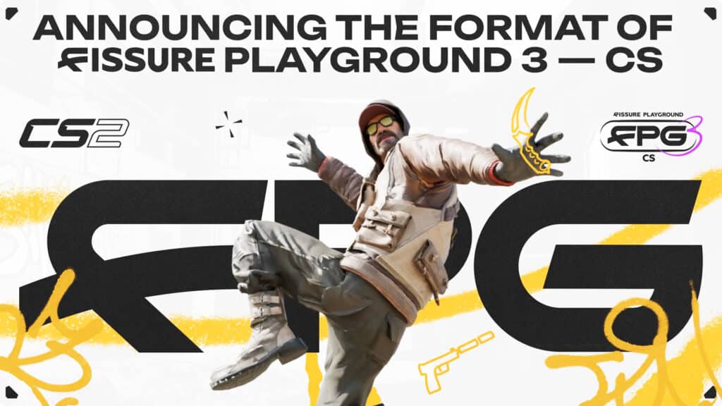 Image of FISSURE Playground logo on a white and yellow background. A Counter-Strike player model is standing in the foreground with their arms stretched out