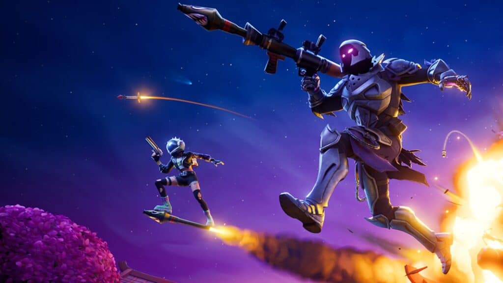 Image of Fortnite players gliding through dark sky while holding weapons. An exploding building is in the background