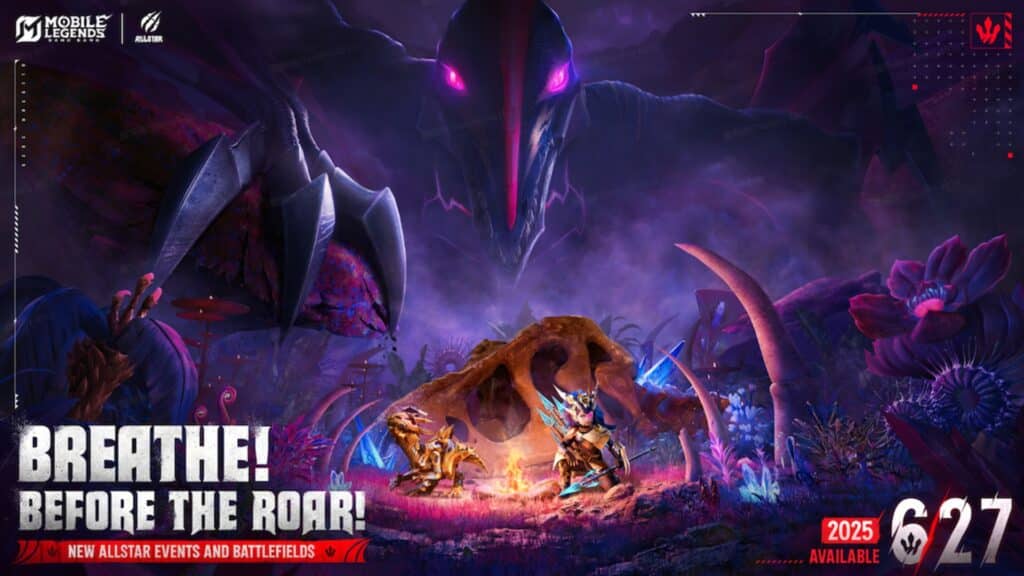 Image of Mobile Legends: Bang Bang characters sitting near a campfire while a pterodactyl with purple eyes looks over them in the background