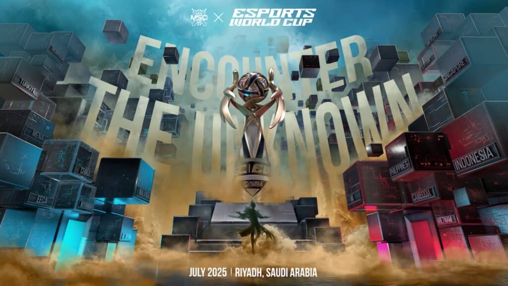 Image of Mobile Legends: Bang Bang Mid-Season Cup trophy floating above a flight of stairs surrounded by grey cubes and brown smoke. In the background pale brown and grey text reads "Encounter the Unknown." At the top of the image, white Mid-Season Cup and Esports World Cup logos sit above the text