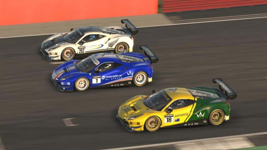 Image of iRacing cars racing around a track with the liveries of Four Nations Cup participants