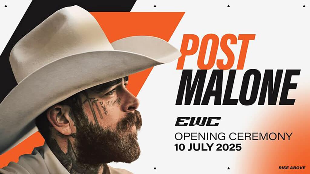 Image of Post Malone wearing a cowboy hat on a white, black and orange background.