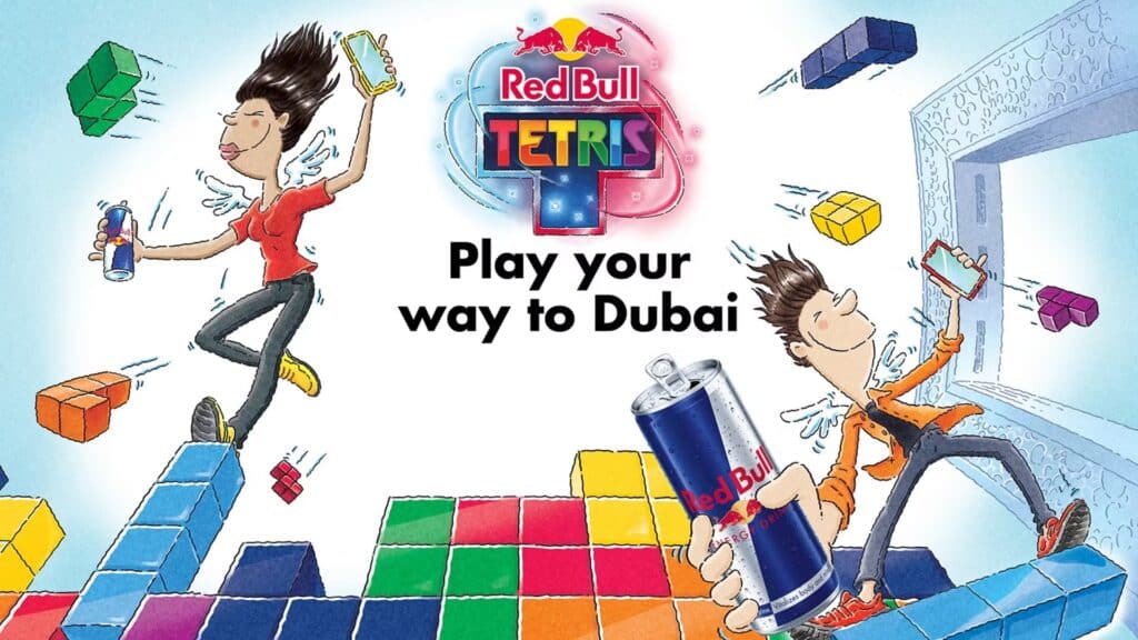 Image of cartoons holding Red Bull cans while surrounded by multicoloured Tetris blocks