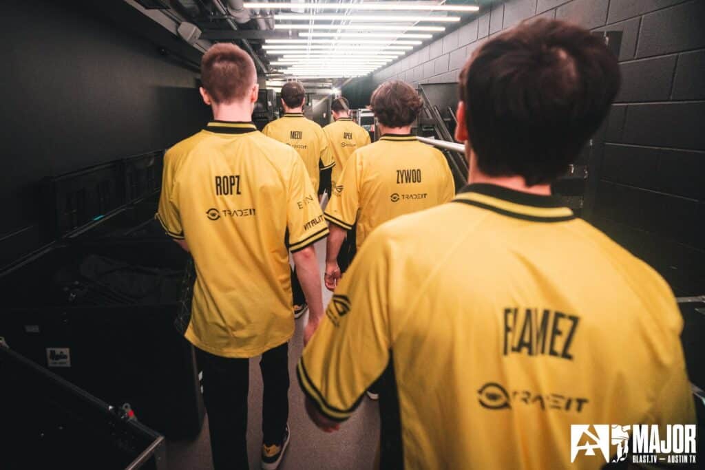 Image of Team Vitality Counter Strike players walking down corridor at BLAST Austin Major
