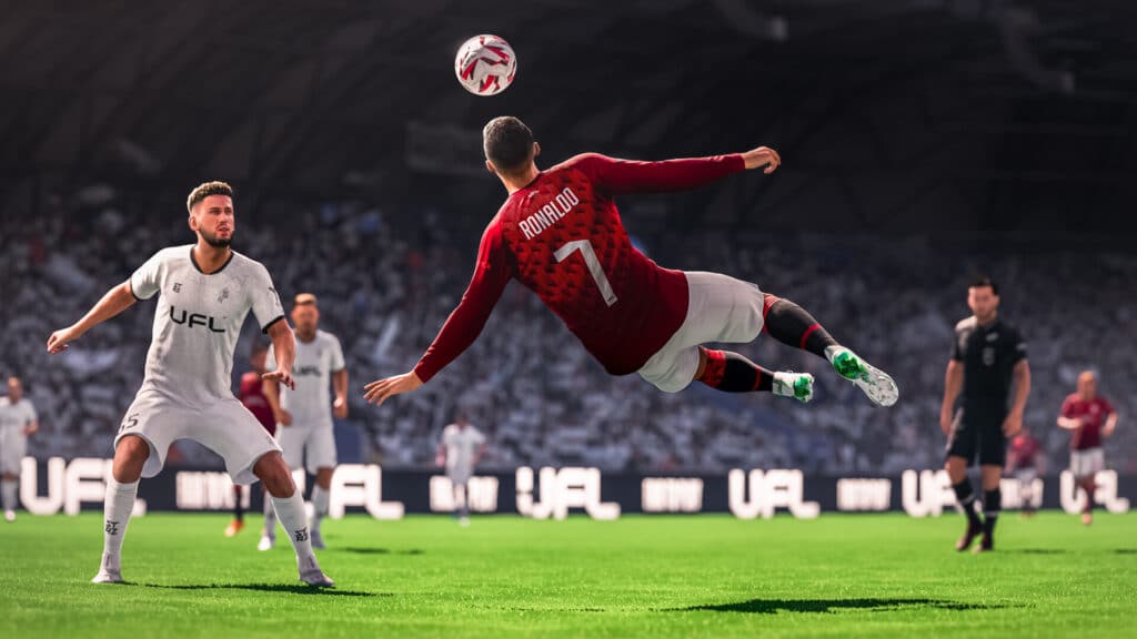 Image of Cristiano Ronaldo kicking a football in UFL. Ronaldo is wearing a red jersey with a number seven on the back