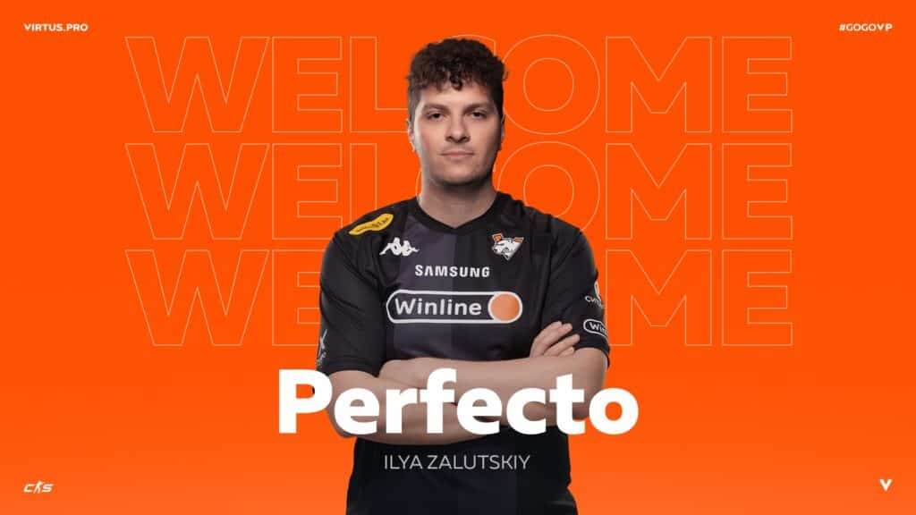 Image of Counter-Strike player Perfecto wearing Virtus.pro jersey on an orange background